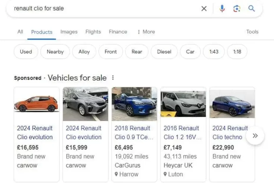 google vehicle ads screenshot